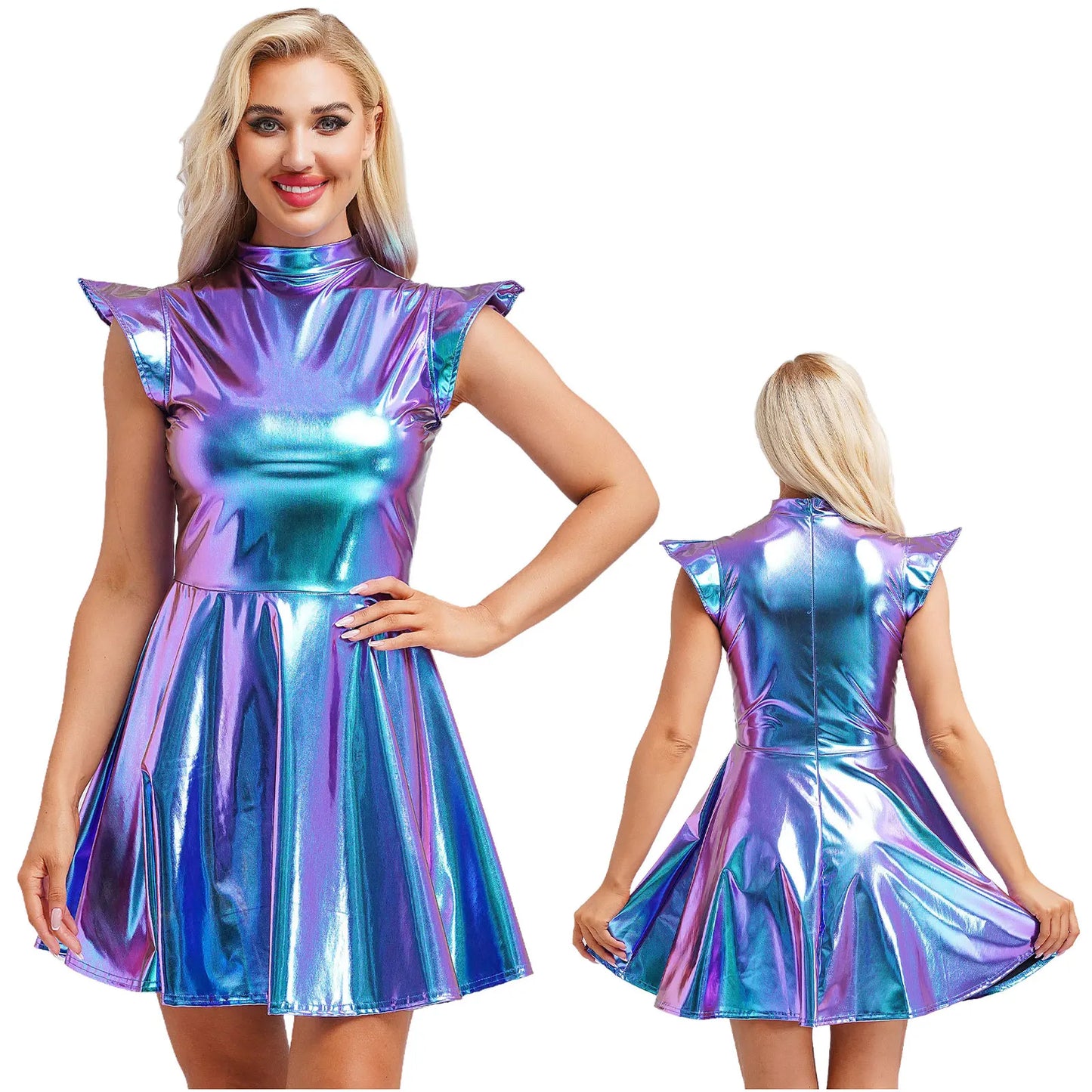 Womens High Waist A-line Dress Shiny Metallic Mock Neck Cap Sleeve Dress Modern Pole Dance Rave Party Bar Club Wear Street Wear