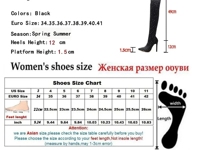 Design Crystal Rhinestone Stretch Fabric Sexy High Heels Sock Over-the-Knee Boots Pointed Toe Pole Dancing Women Shoes