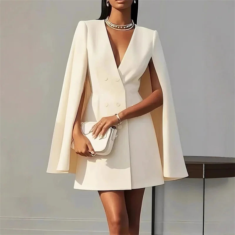 2025 Autumn Solid Color Blazer Dresses Woman Double Breasted Decoration A-Line Office Dress Lady Elegant Party Shawl Cape Dress