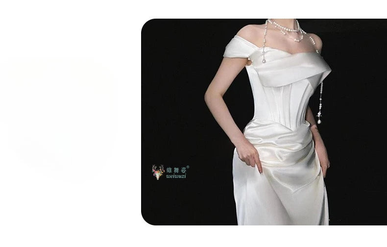 French Style Luxury Pleat Satin Strapless Light Wedding Bridal Dress Off-Shoulder Light Wedding Dress Birthday Party Prom Gowns