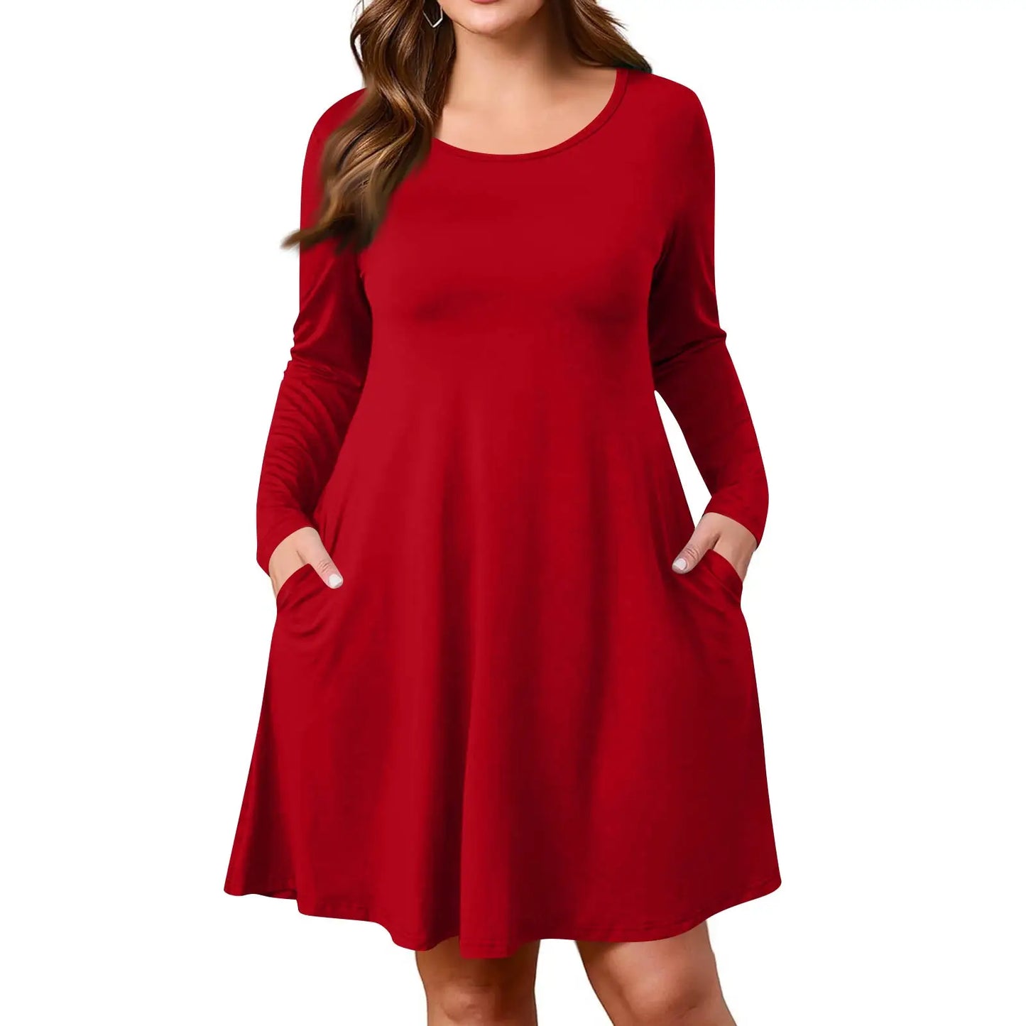 Plus Size Dress for Women Solid-Colour Casual Dress Spring/Autumn Pocket Round Neck Long-Sleeved Dresses vestidos femenino