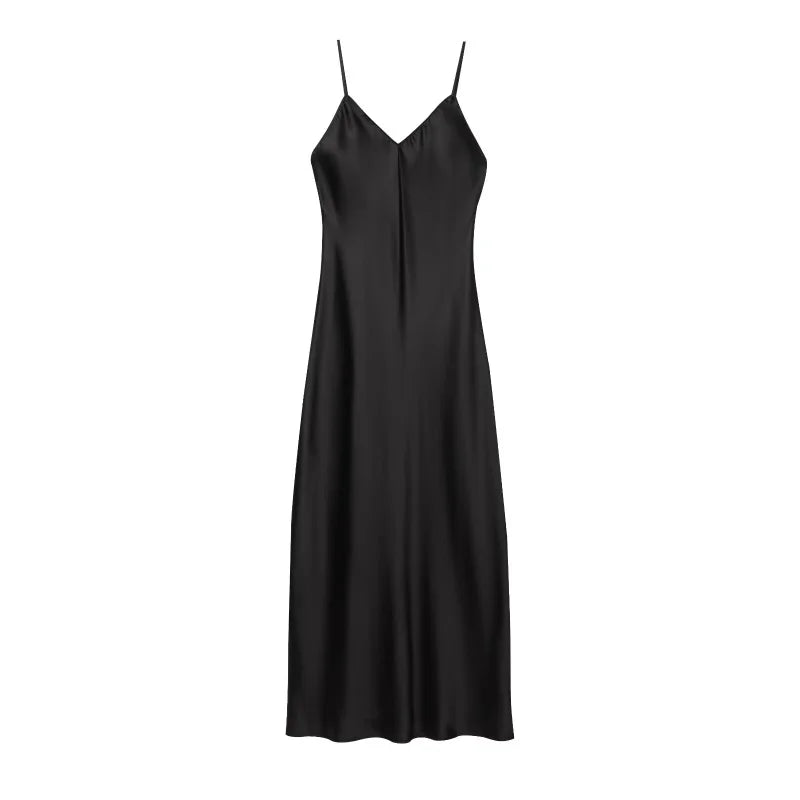 2025 New Elegant women's fashion silk satin texture MIDI dress sexy backless party slip dress