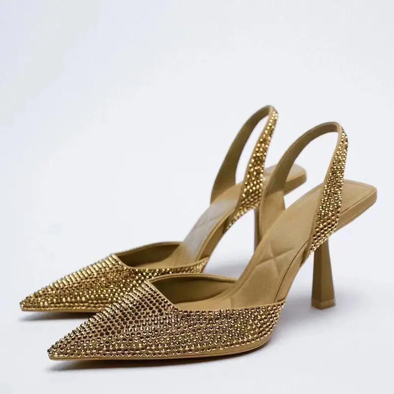 Gold Women Heels Sandals 2024 Summer Crystal Pointed Toe Female Stiletto African Party Rhinestone Shallow Slip on Heel Shoes