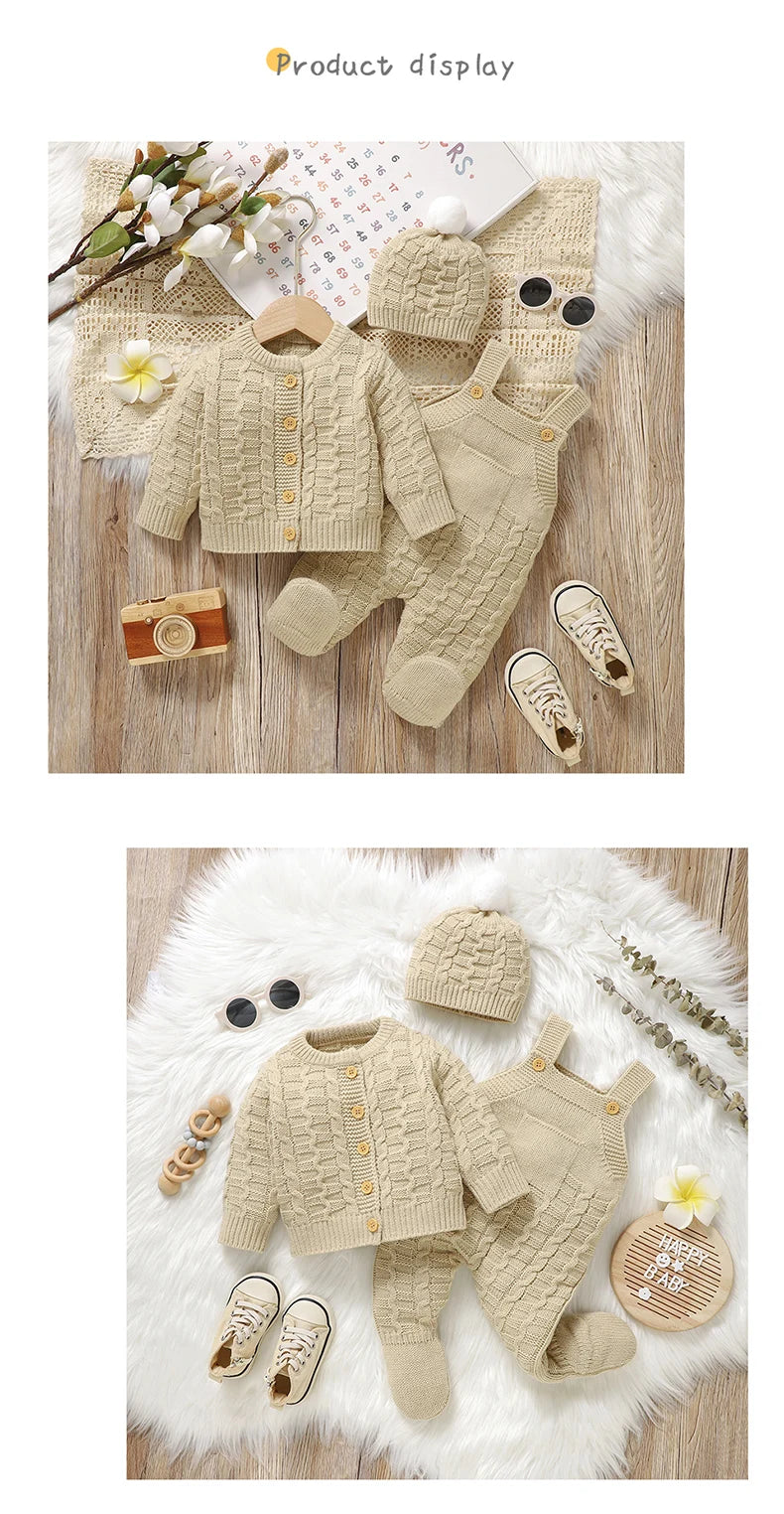 Newborn Baby Clothes Set Knitted Toddler Sweater +Jumpsuit Hat Sleeveless 3pcs Attire Infant Boys Girls Cardigan+Romper Cap 0-9M
