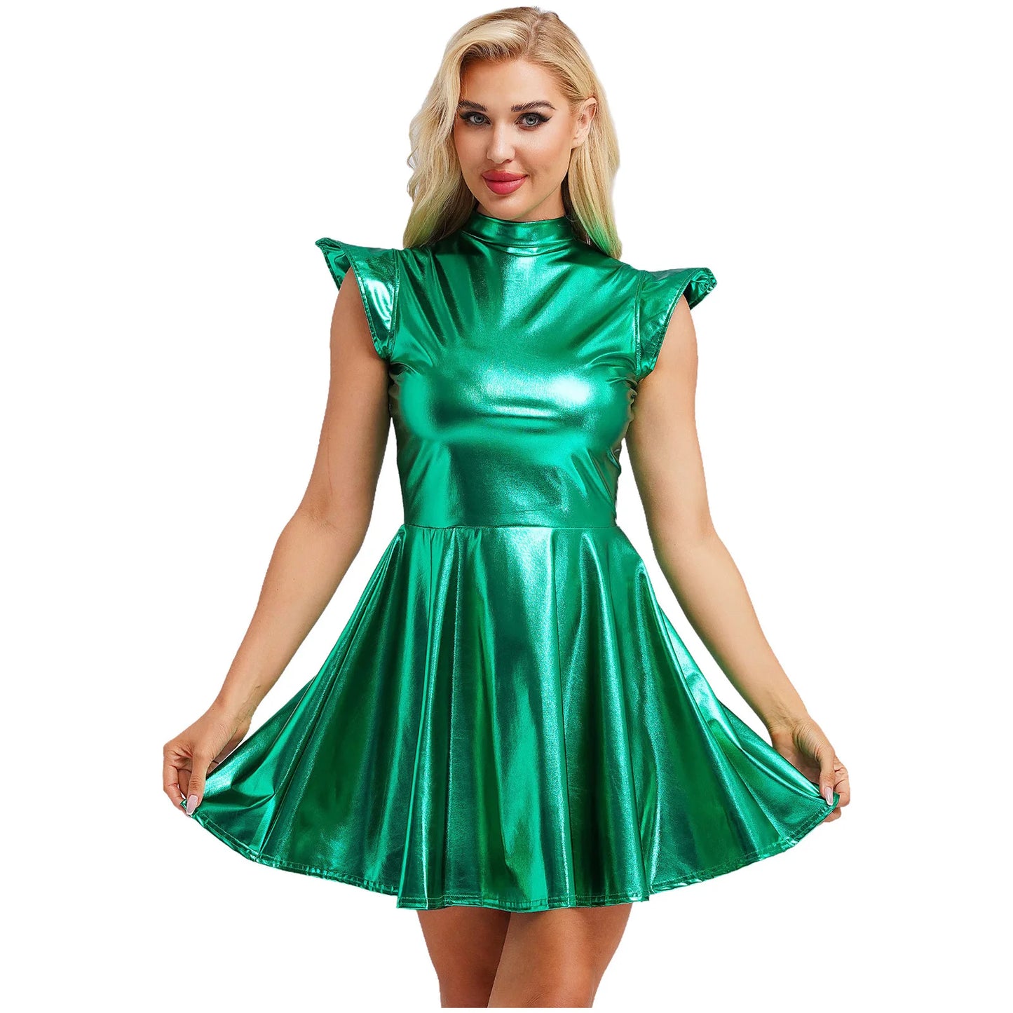 Womens High Waist A-line Dress Shiny Metallic Mock Neck Cap Sleeve Dress Modern Pole Dance Rave Party Bar Club Wear Street Wear