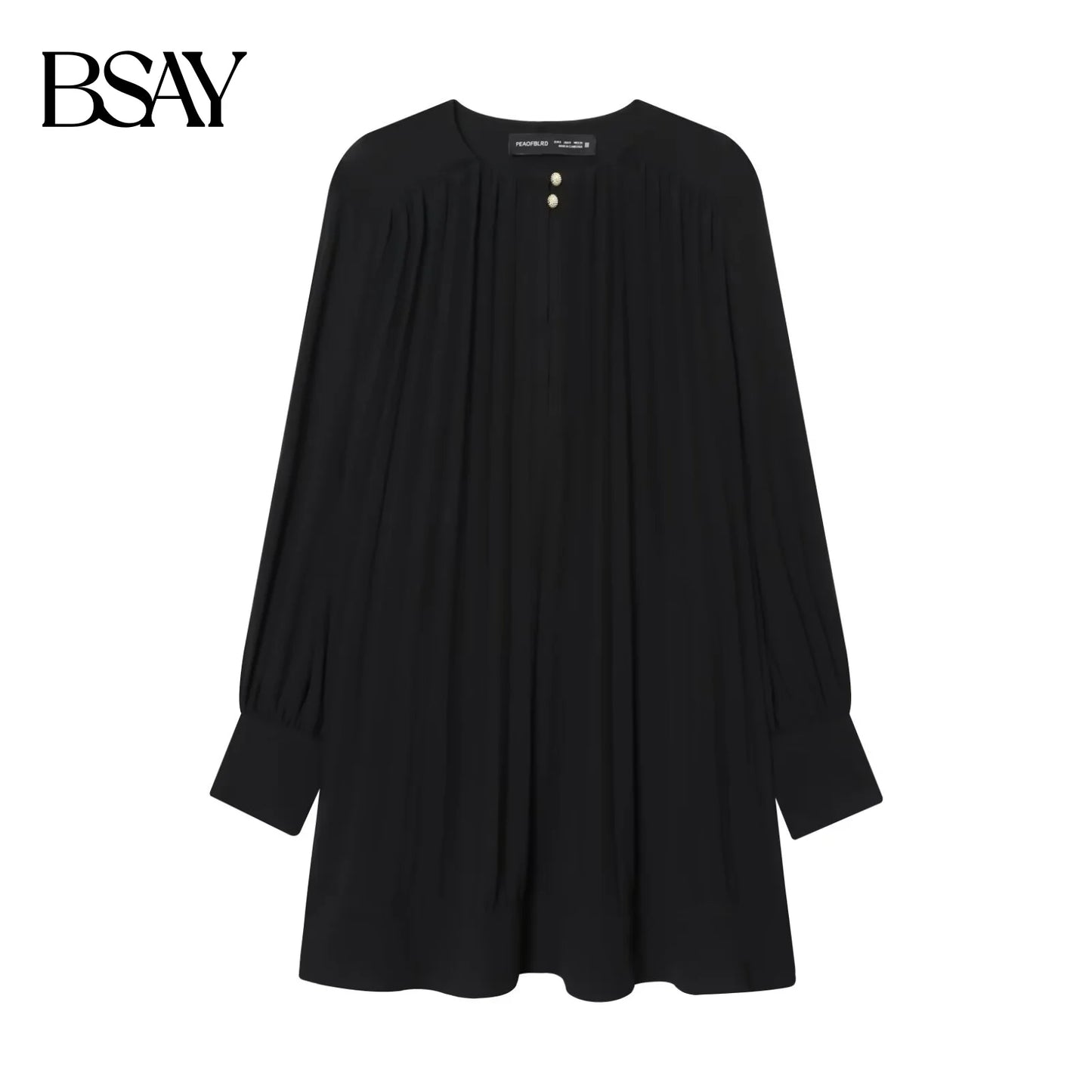 BSAY Autumn New 2025 Women's Lantern Sleeves Round Neck pleated Solid Color Fashion Casual Dress Short Skirt