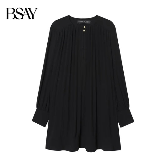 BSAY Autumn New 2025 Women's Lantern Sleeves Round Neck pleated Solid Color Fashion Casual Dress Short Skirt