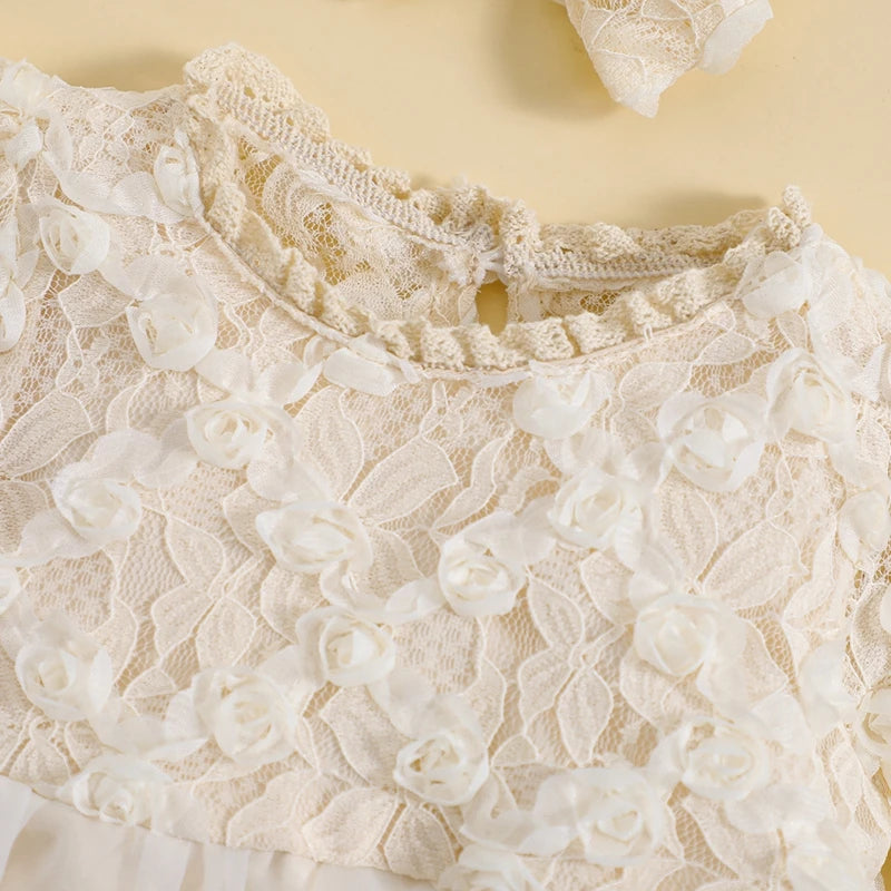 Baby Girls Autumn Romper Dress Long Sleeve Lace Floral Tulle Patchwork Romper with Headband