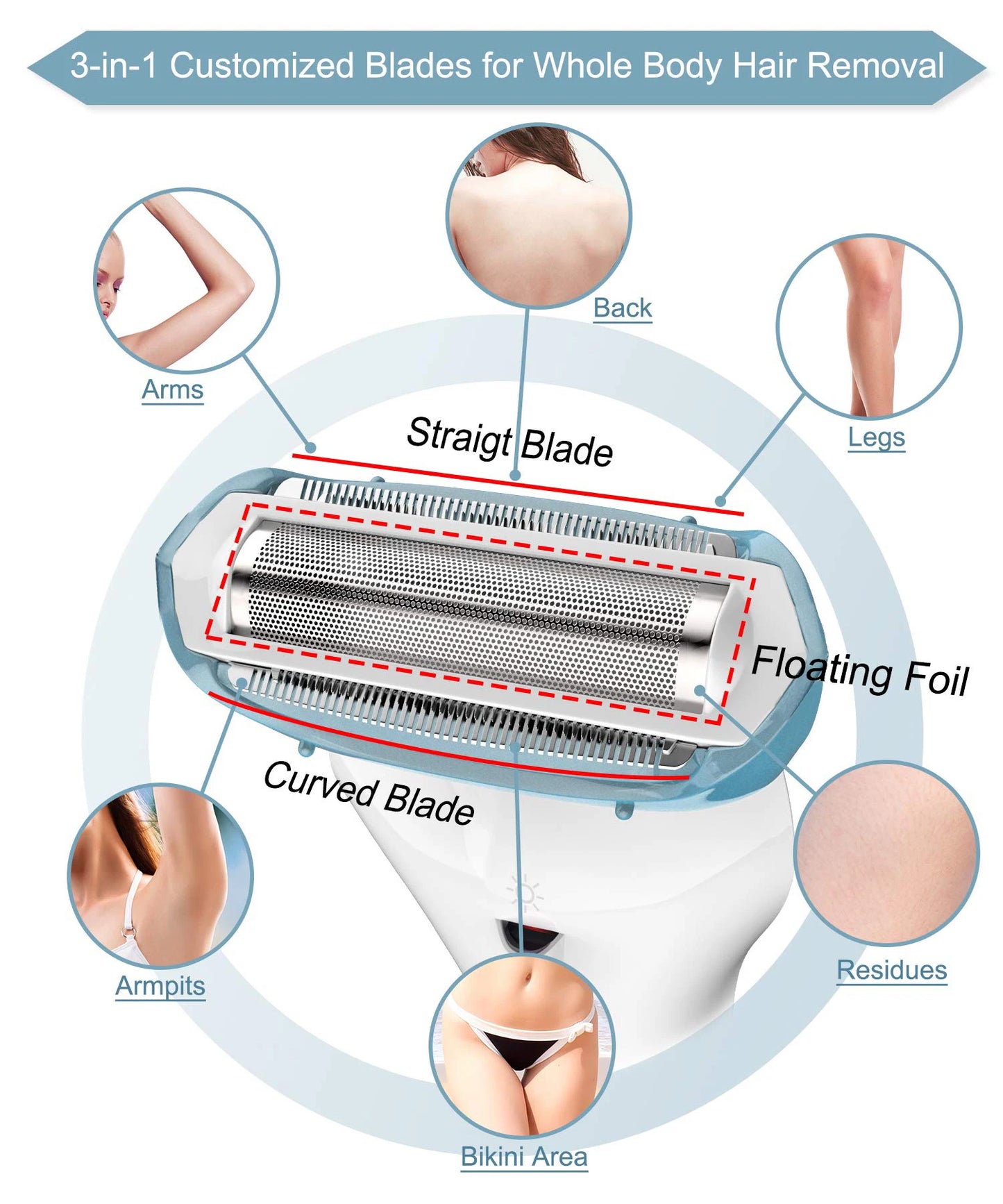 Brori Electric Razor Bikini Trimmer - Women's Body Hair Removal Epilator Washable Tool for Legs Underarms Hair Removal IPX7