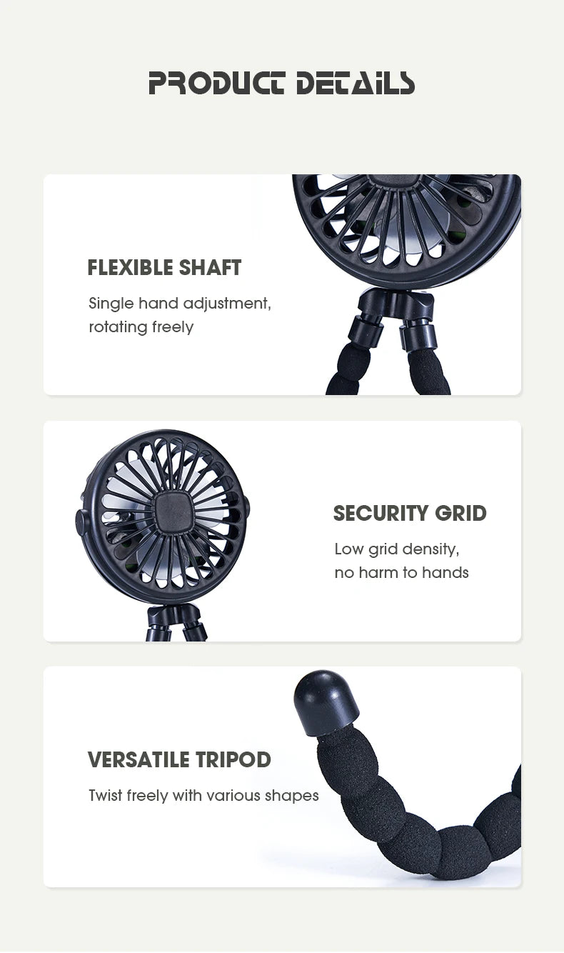 Baby Stroller Octopus Fan Anti Pinch Hand 3-speed Small Night Light USB Mini 3-speed Charging Small Fan