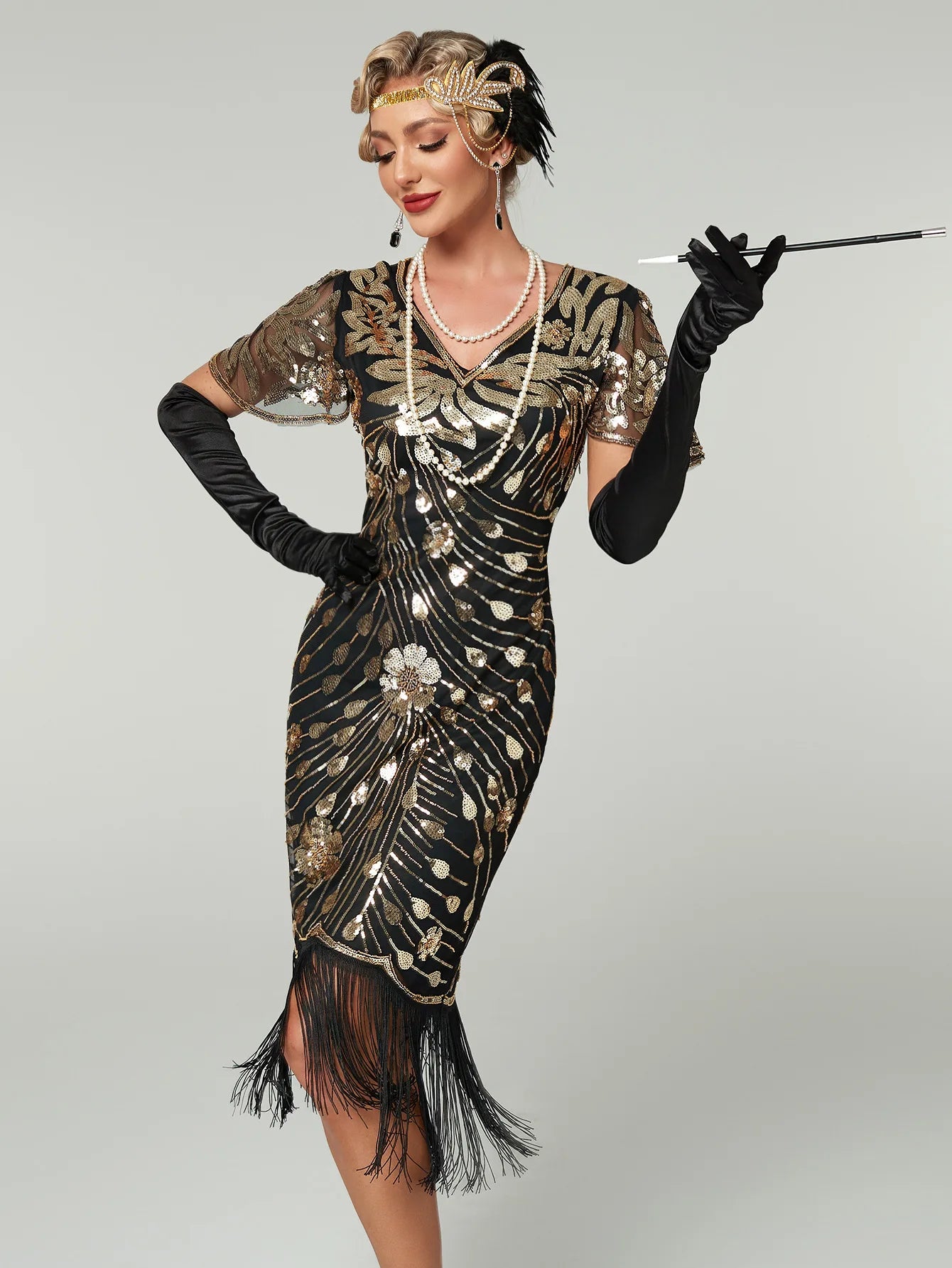 1PC Woment's Elegant Glam 1920s Fringe Sequin Flapper Dress Roaring 20s Gatsby Party Cocktail Dress with Short Sleeves for Women