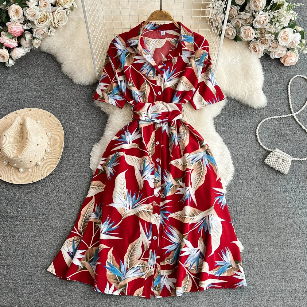 2024 New Summer Women Dress Fashion Print Floral A-line Shirt Dress with Belt Elegant Vintage Off Lady Dress Casual Vestidos