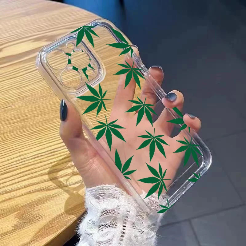 Green Leaf Pattern Phone Case for iPhone 17 Air 16 15 14 11 Pro Max Plus 13 12 Mini X 8 7 Soft TPU Back Cover Coque
