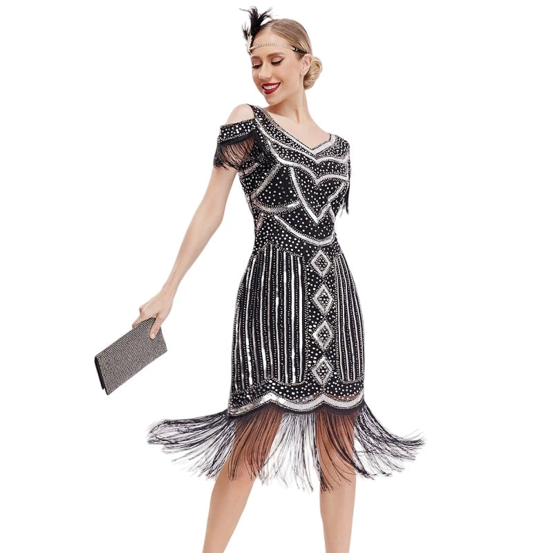Women Fringe 1920s Flapper Dress 20s Gatsby Themed Party Dress Vintage V-neck Off Shoulder Sequin Beaded Cocktail Dress