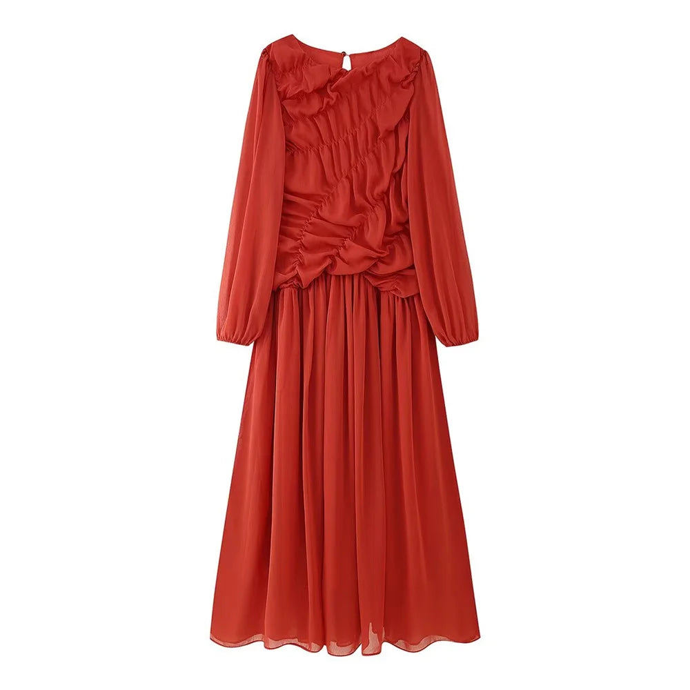 women's long sleeved mesh pleated loose casual dress summer new product solid color temperament long skirt