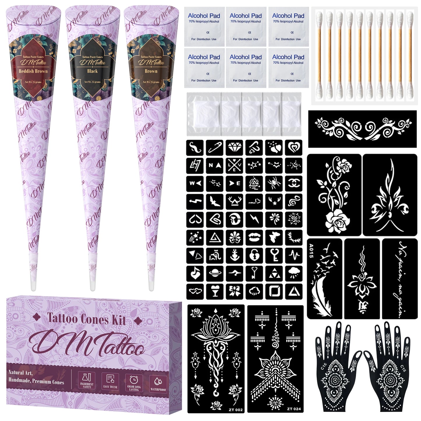 Temporary Tattoos Stencils Kit 3 Color(Brown Black Maroon) Ink with Gloves DIY Body Art Painting for Women Men Adults Kids