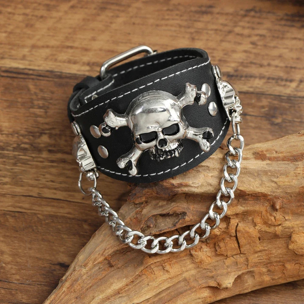 2025  Jewelry Handmade Weave Genuine Leather Skull Bracelet Men Vintage Cuff Wide Leather Rivet Bracelet Pulsera Hombre