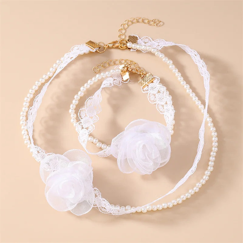 Sexy Pure White Lace Rose Flower Clavicle Chain Necklace for Women Imitation Pearl Choker Bracelet Girls Wedding Jewelry Gift