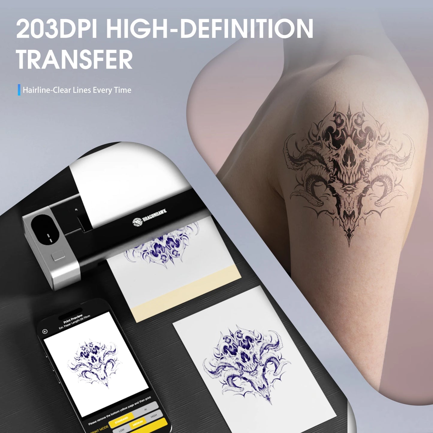 Dragonhawk Tattoo Kit Full Set with Bluetooth Thermal Tattoo Transfer Printer Wireless RCA Battery Rotary Pen for Beginners