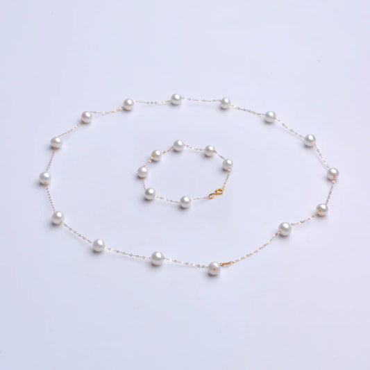 XF800  Real 18K Gold Natural Pearl Necklace Au750  Bracelet Fine Jewelry Round Aniversary Gift For Women White T628