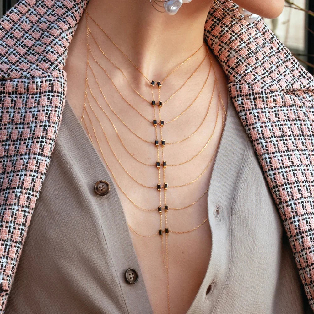 Multi-layer Body Chain Necklace Dress Women Sexy Harness with Colorful CZ Paved Hollow Bling Tassel Chain Fashion Party Jewelry