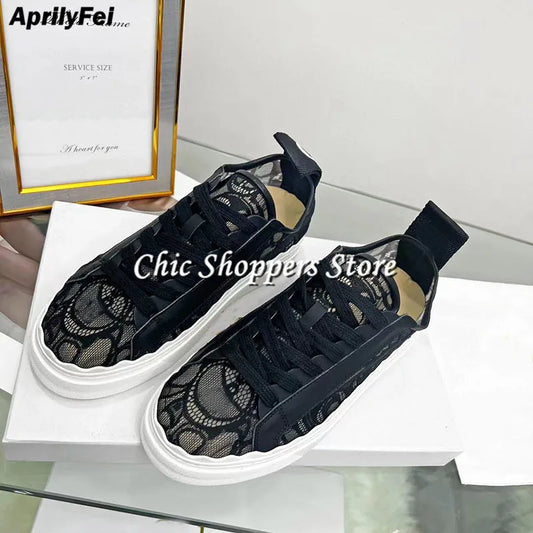 Knitted Platform Casual Flat Shoes For Women Rubber Sole Lace Up Flats High-top Sneakers Designer Vacation Women Walking Shoes