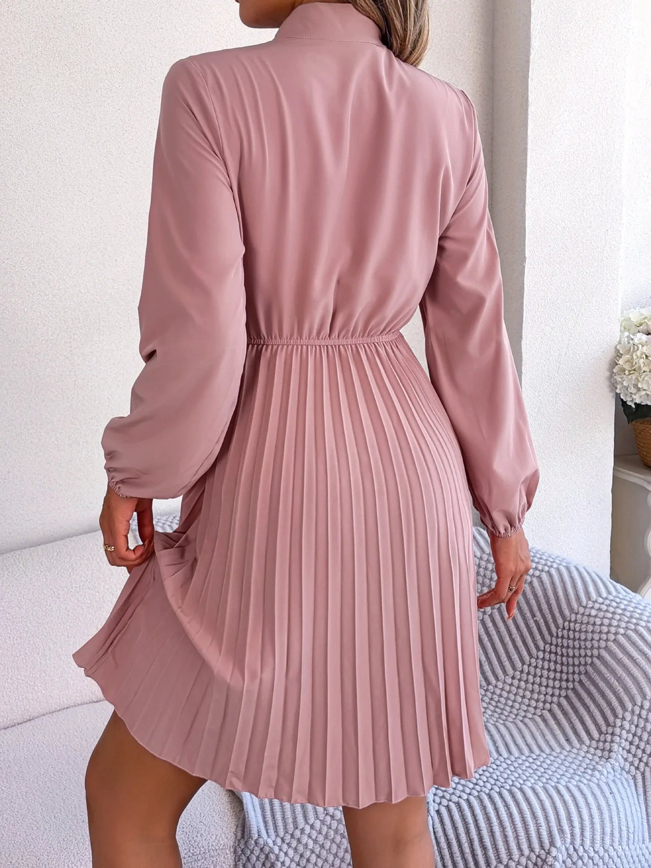 Women Fall Vacation Elegance V Neck Solid Tie Waist Ruffle Hem Pleated Midi Dress Long Sleeve Wedding Dress