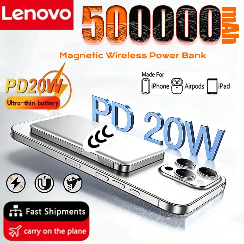 Lenovo 500000mAh CCC Certified Magnetic Ultra Thin Wireless Portable Power Bank Super Fast Charging LED Display Pack For MagSafe