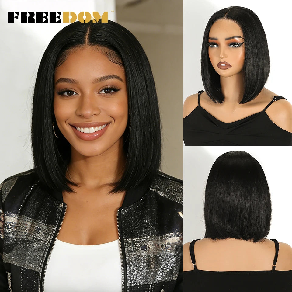 FREEDOM Synthetic Lace Front Wigs For Women 10 inch Short Bob Wig 13x3 Pre Plucked Natural Hairline Ombre Brown Blonde Lace Wig