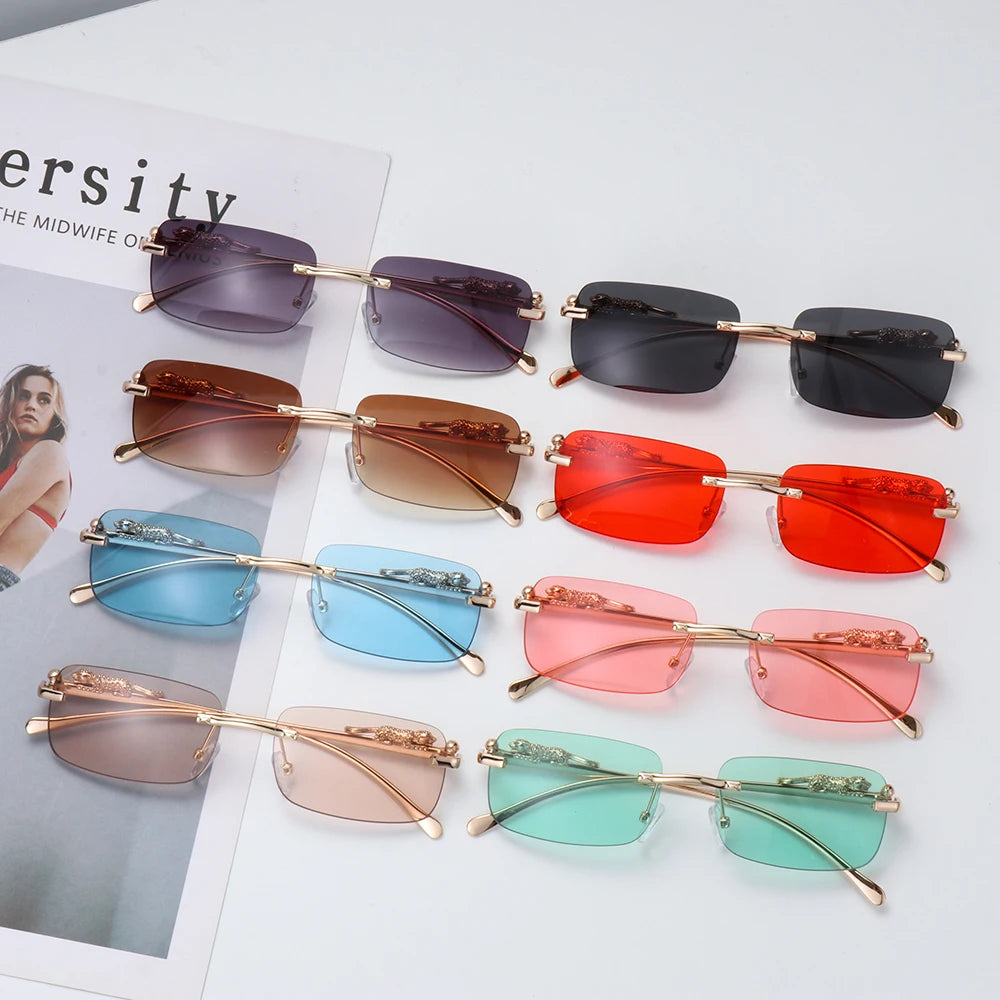 Rimless Square Sunglasses Women Men Luxury Brand Designer Popular Travel Driving Metal Leopard Head Sun Glasses Shade Eyewear