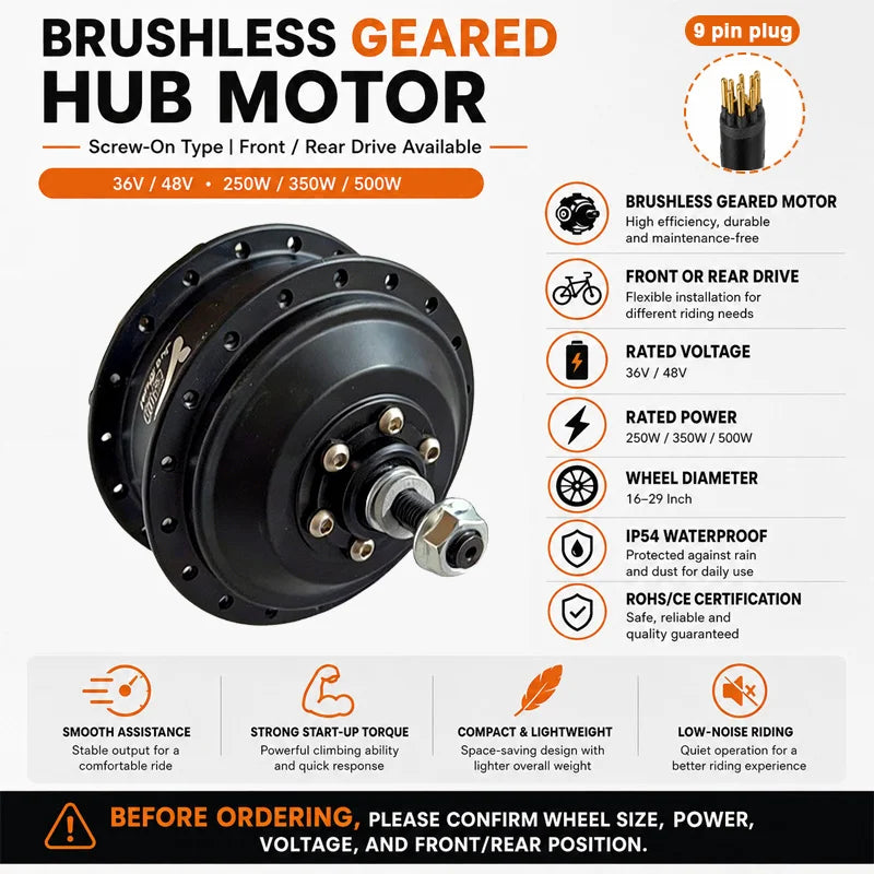 36V 48V 250W 350W 500W Front Rear Drive Brushless Gear Hub Motor Rotary Type High Speed E-Bike Motor Wheel Electric Bike Kit