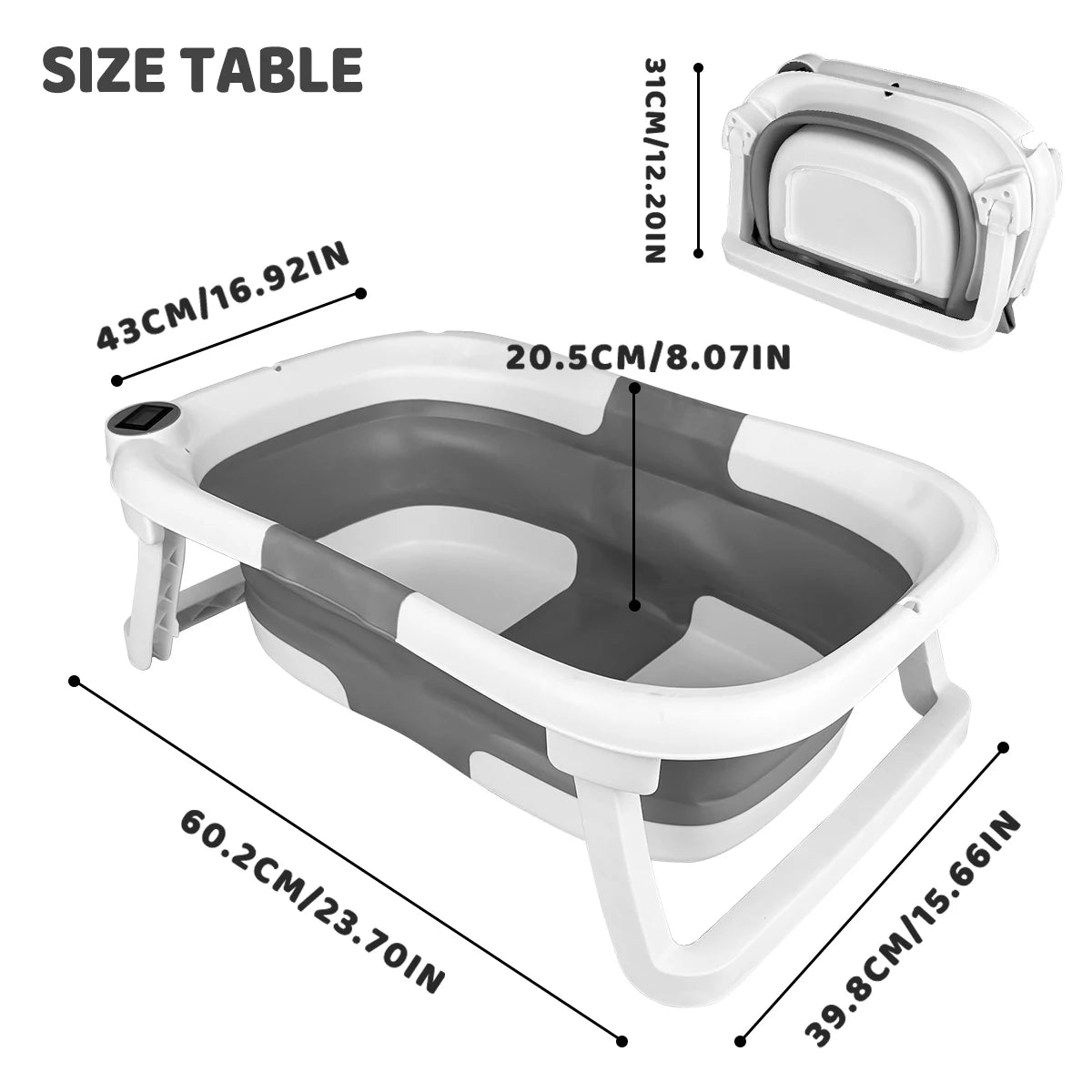 Baby BathTub with Bath Cushion, Portable and foldable, real-time temperature sensor, with a drainage hole