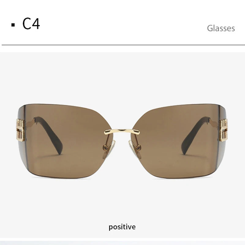 Women Brand Designer Rivets Rectangle Gradient Curved Shades Classic Sun Glasses Female Funky Metal Luxury Rimless Sunglasses
