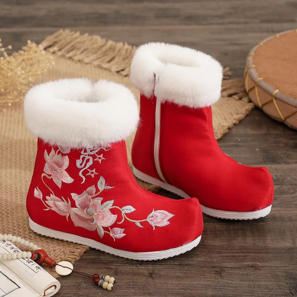 Winter Fashion Shoes Embroidered Fur Boots For Woman Bota Ancient Costume Botines Para Mujeres Hanfu Women's Boots Botas Mujer