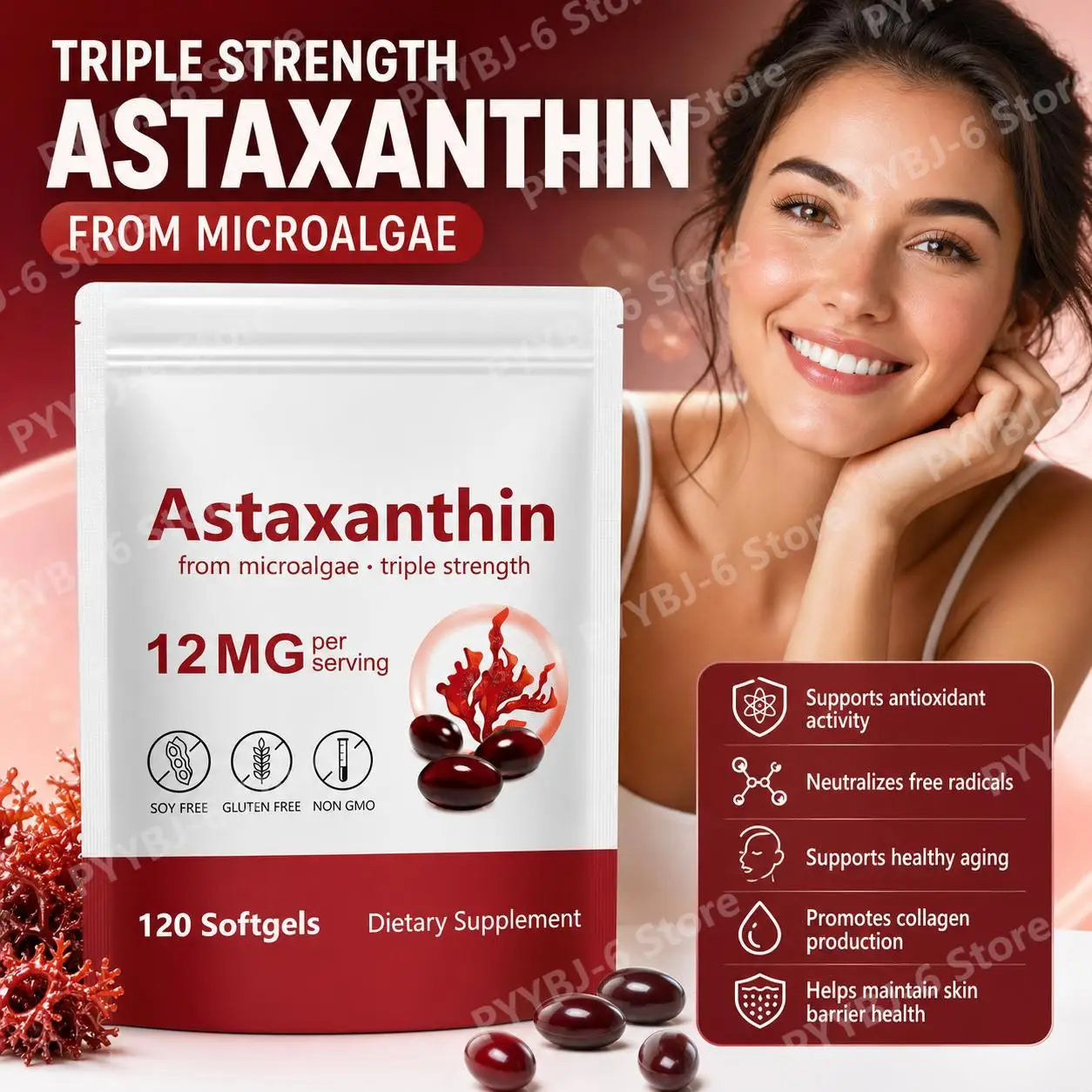 Astaxanthin Softgels Triple Strength From Microalgae Supports Healthy Aging Promotes Collagen Supports Skin Barrier 120 Softgels