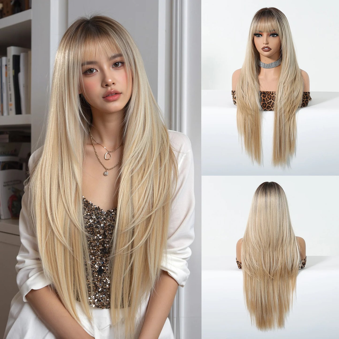 Burgundy Wine Red Ombre Layered Synthetic Wigs With Bangs Super Long Straight Wig For Women Cosplay Natural Daily Heat Resistant