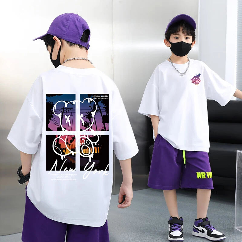 100% Cotton Boys T-shirt Summer Streetwear Cool Graffiti Print Girls Tees Short Sleeve Children Tops High Quality Kids Clothes