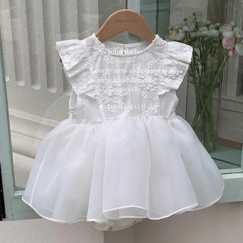 2024 New Summer Newborn Baby Girl Romper Flying Sleeve Cotton Mesh Splicing Toddler Baby Girl Jumpsuit 0-24M Baby Girl Clothing