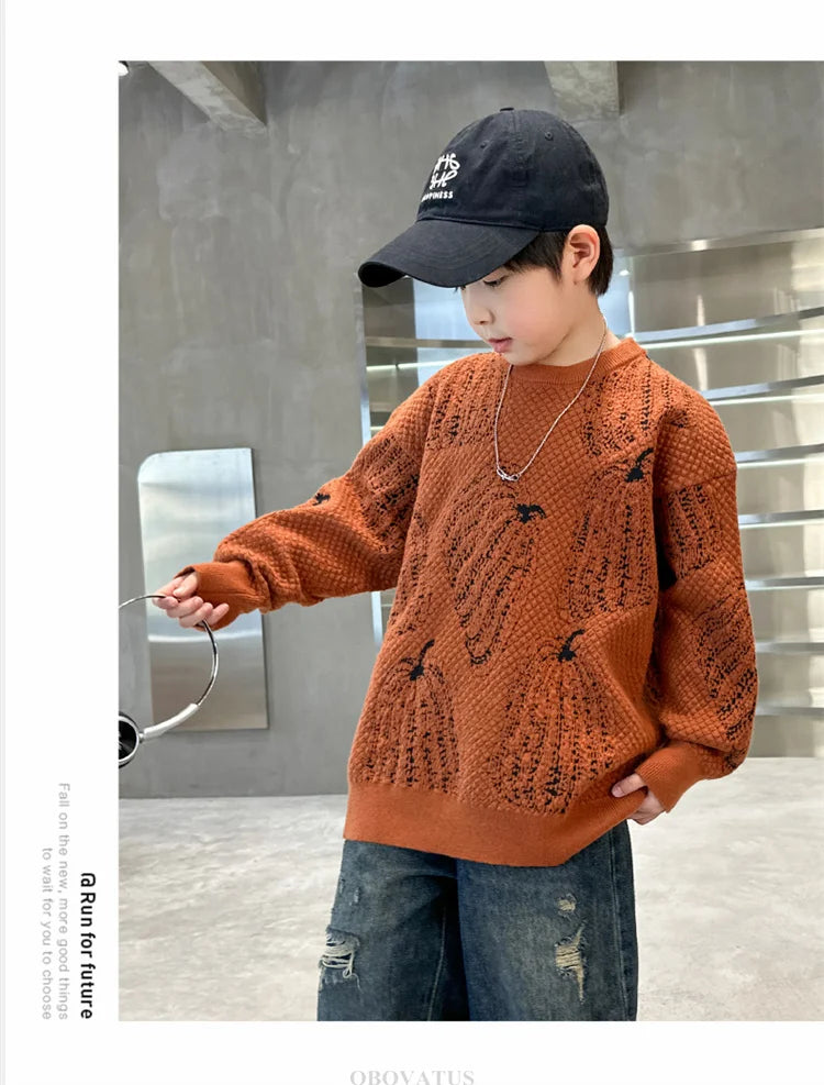 Children Halloween Pumpkin Sweater For Boys Fancy Knitted Outfit Clothing Kids Elegant Pullover Knitwear For Teenagers Age 5-14T