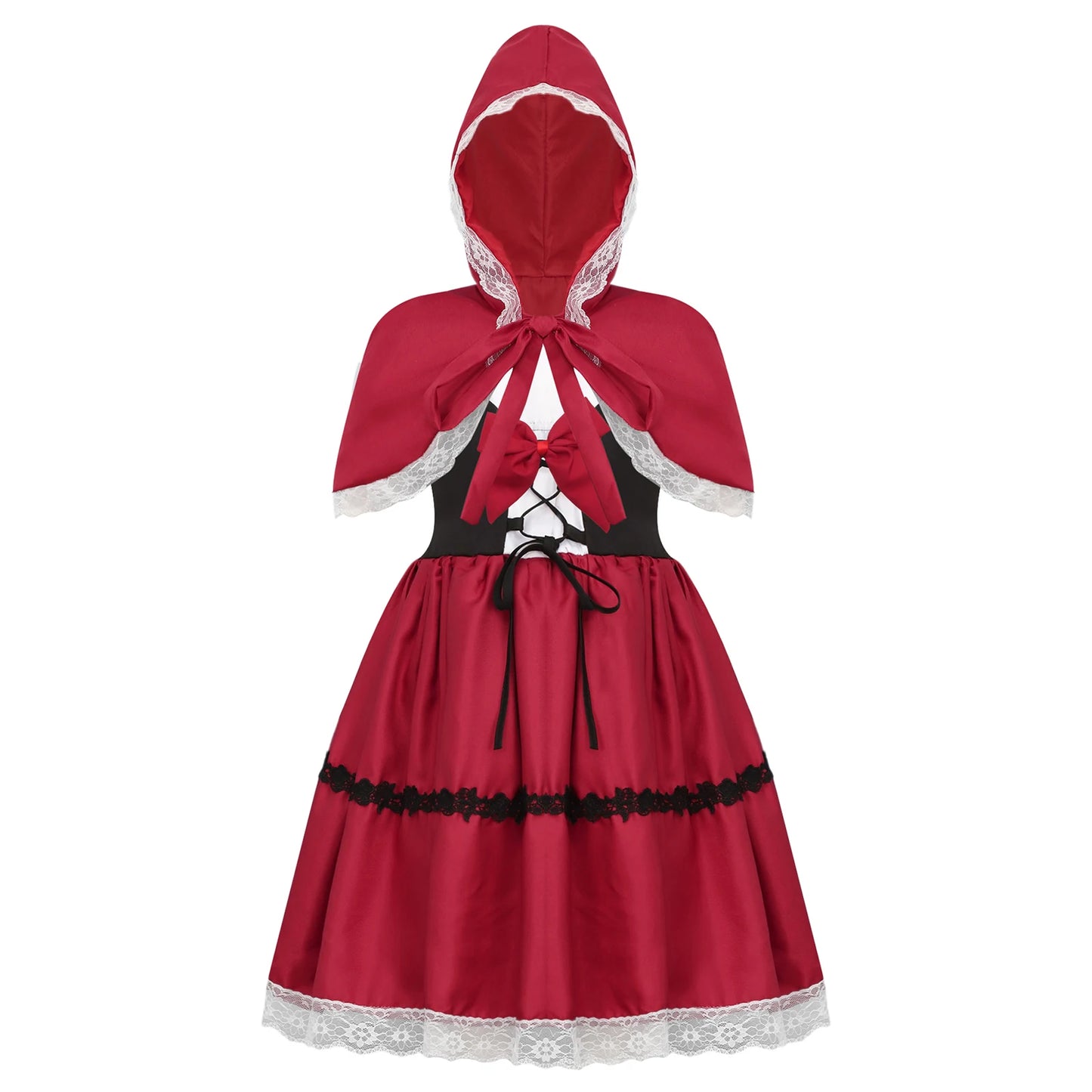 Kids Girls Halloween Cosplay Costume Puff Sleeve Lace Trim Red Hood Dress with Hooded Cape for Themed Party Roleplay Dress Up