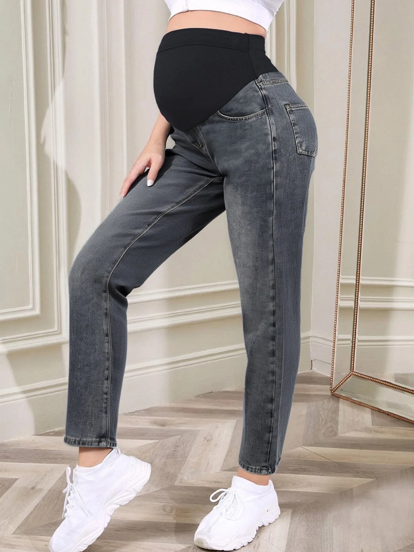 Pregnant Women Fashion Casual Wide-Leg Jeans Adjustable High Waist Belly Support Denim Pants Maternity Clothing for Daily Party