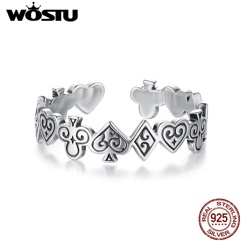 WOSTU Vintage 925 Sterling Silver Poker Card Open Ring For Women, Antique  Adjustable Stacking Party Rings Fine Gift