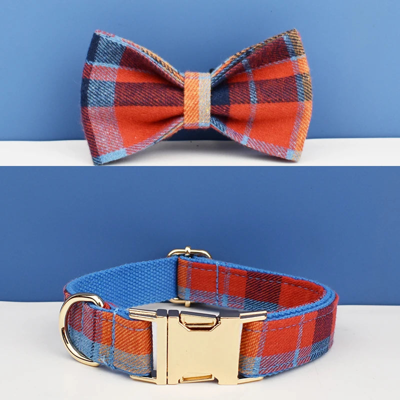 Plaid Dog Collar Designer With Bow Tie Custom Dog Accessories Luxury Pet collar leash set