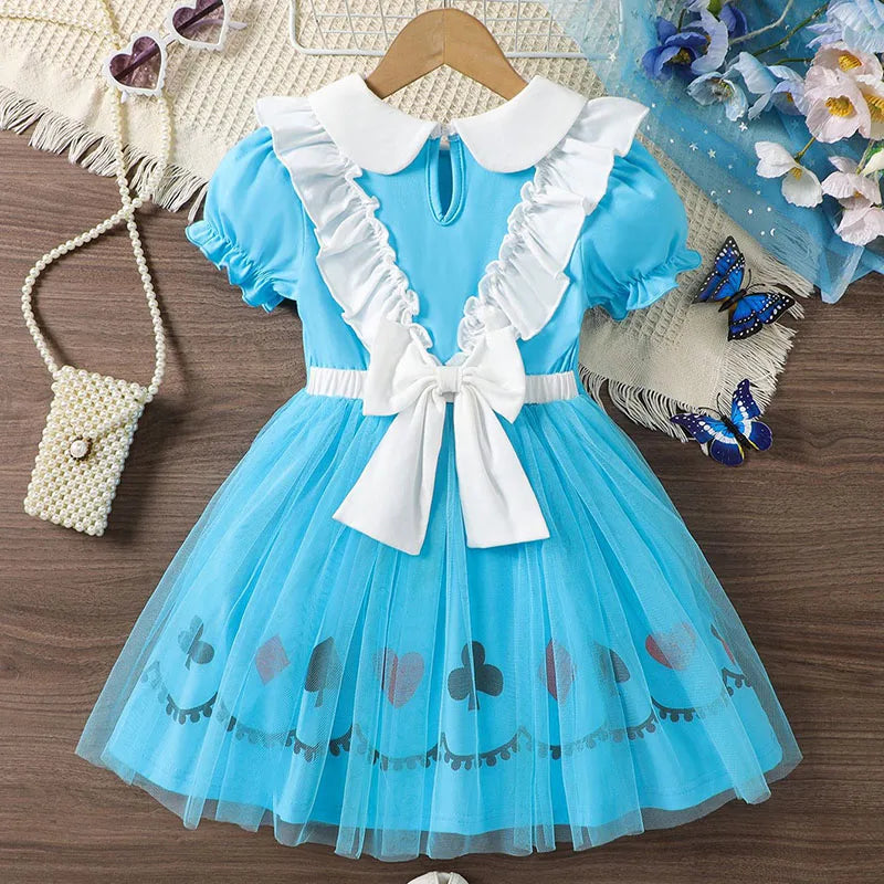 Halloween Lolita Dress Blue And White Poker Elements Princess Dress Bow Apron Baby Girls Dress Birthday Party Cosplay Costume