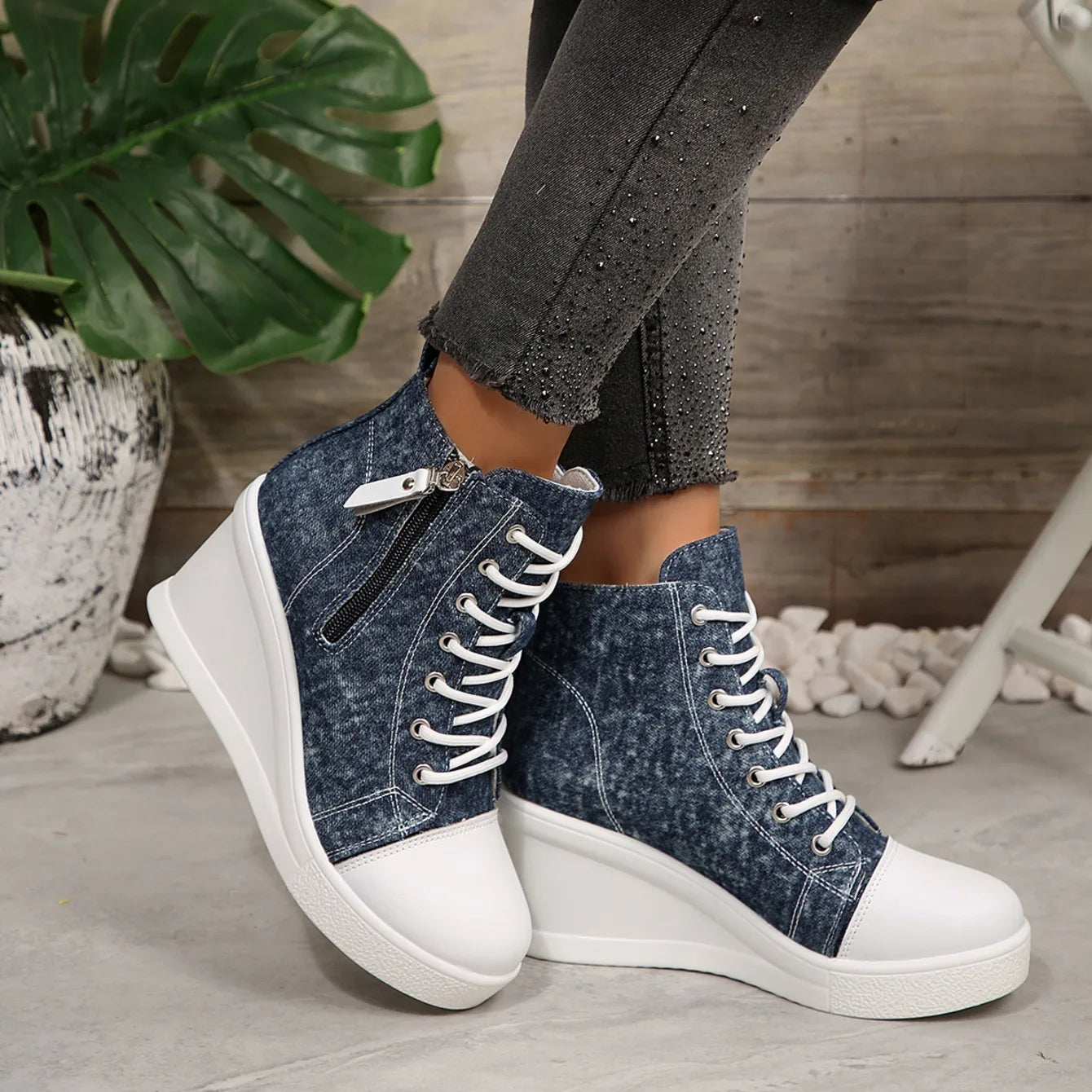2025 New Women High Top Wedge Sneakers Blue Camouflage Shoes Woman Fashion Lightweight Lace Up Platform Ankle Sneakers Women