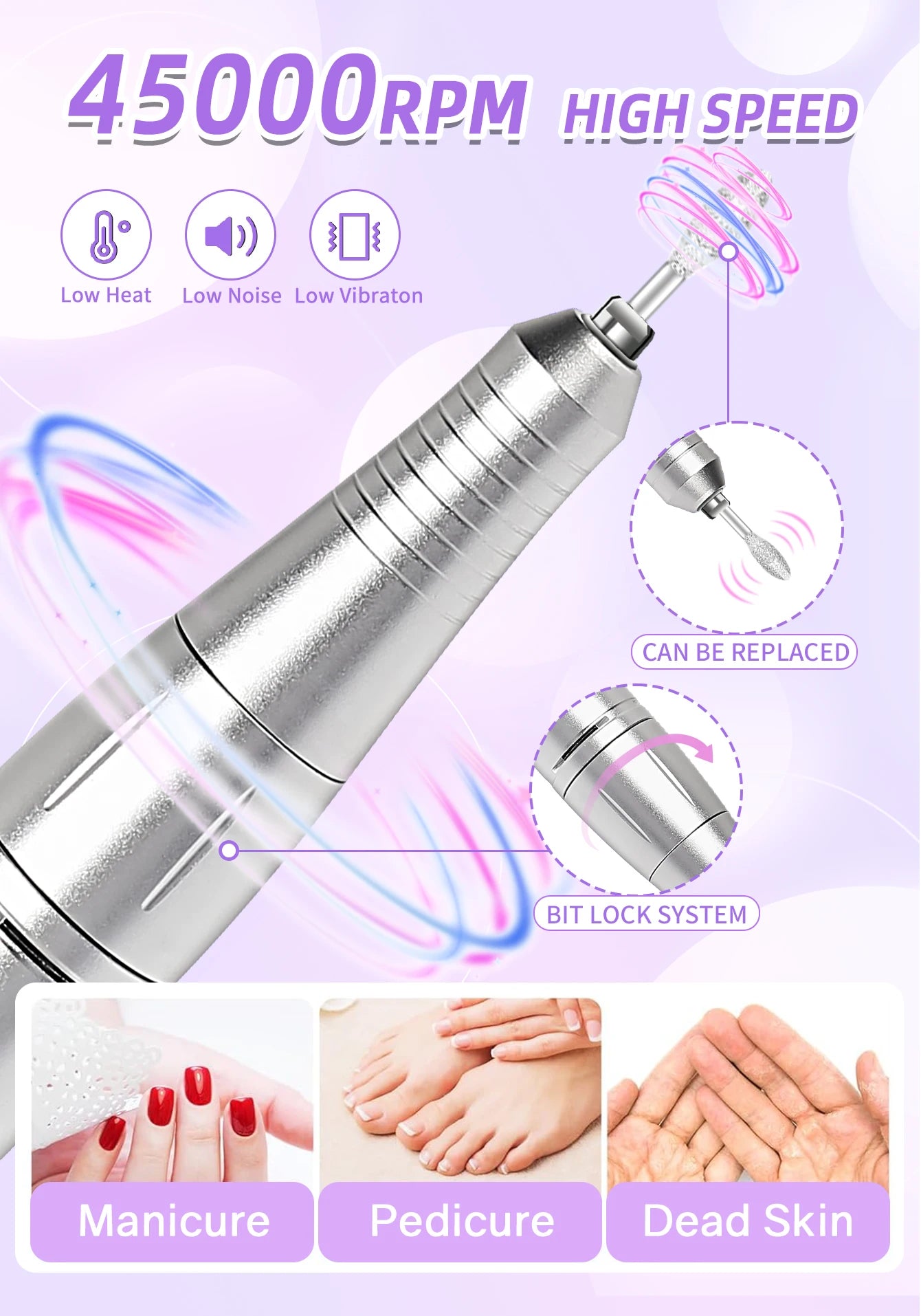 45000RPM Electric Nail Drill Machine With LCD Display Rechargeable Portable Nail File Set for Gel Nails Polish Nail Art Tools