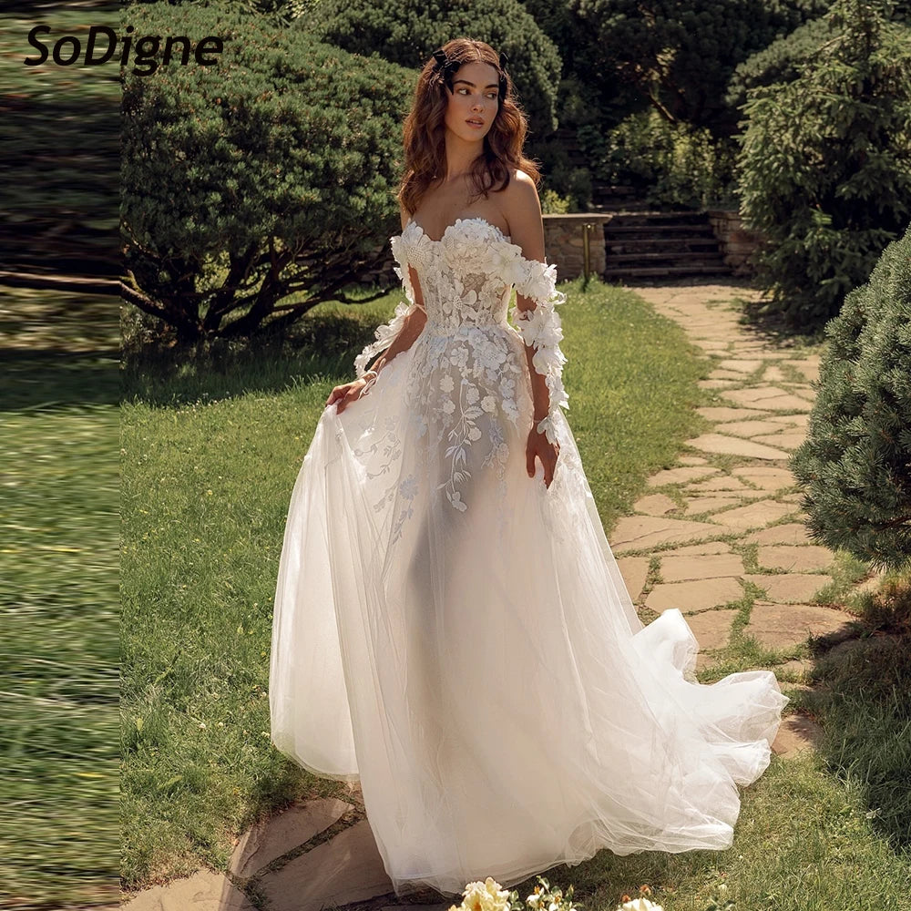 SoDigne A-line Appliques Wedding Dresses Sweetheart Princess Tulle Bridal Dress Long Wedding Gown Robe De Mairee ﻿Customized