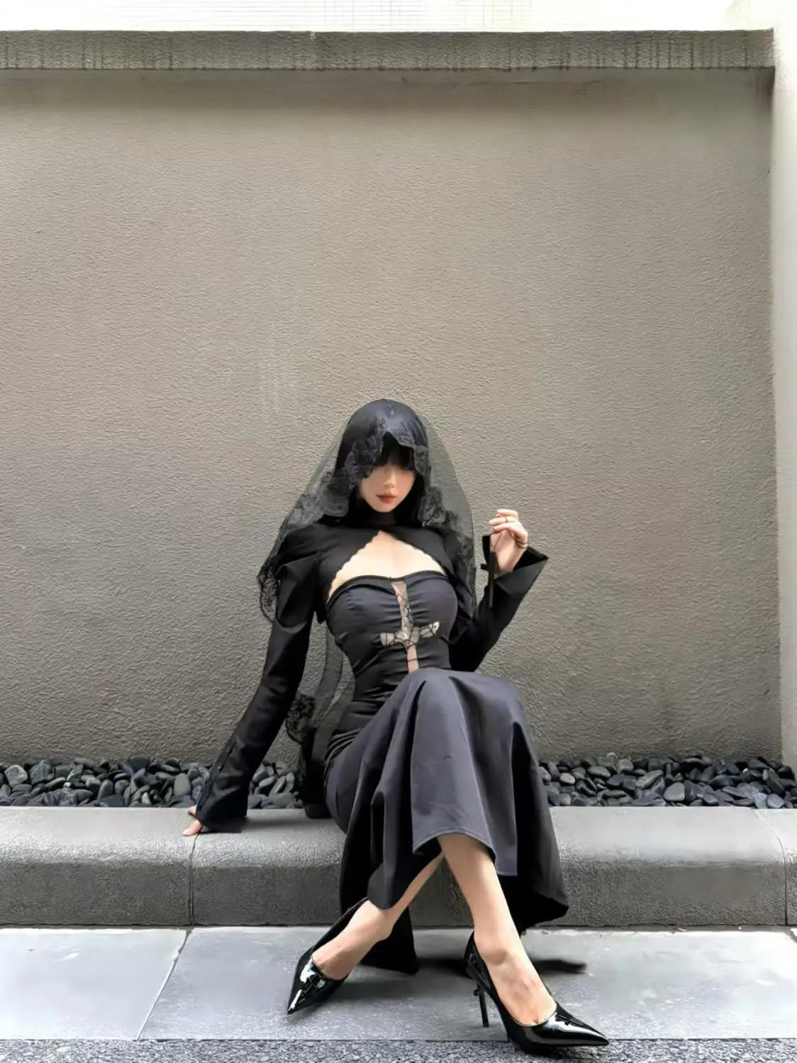Winter Gothic Black Midi Dress Women Lace Veil Cross Decor Long Sleeve Slim-Fit Party Dress Female Halloween Cosplay Outfit 2025
