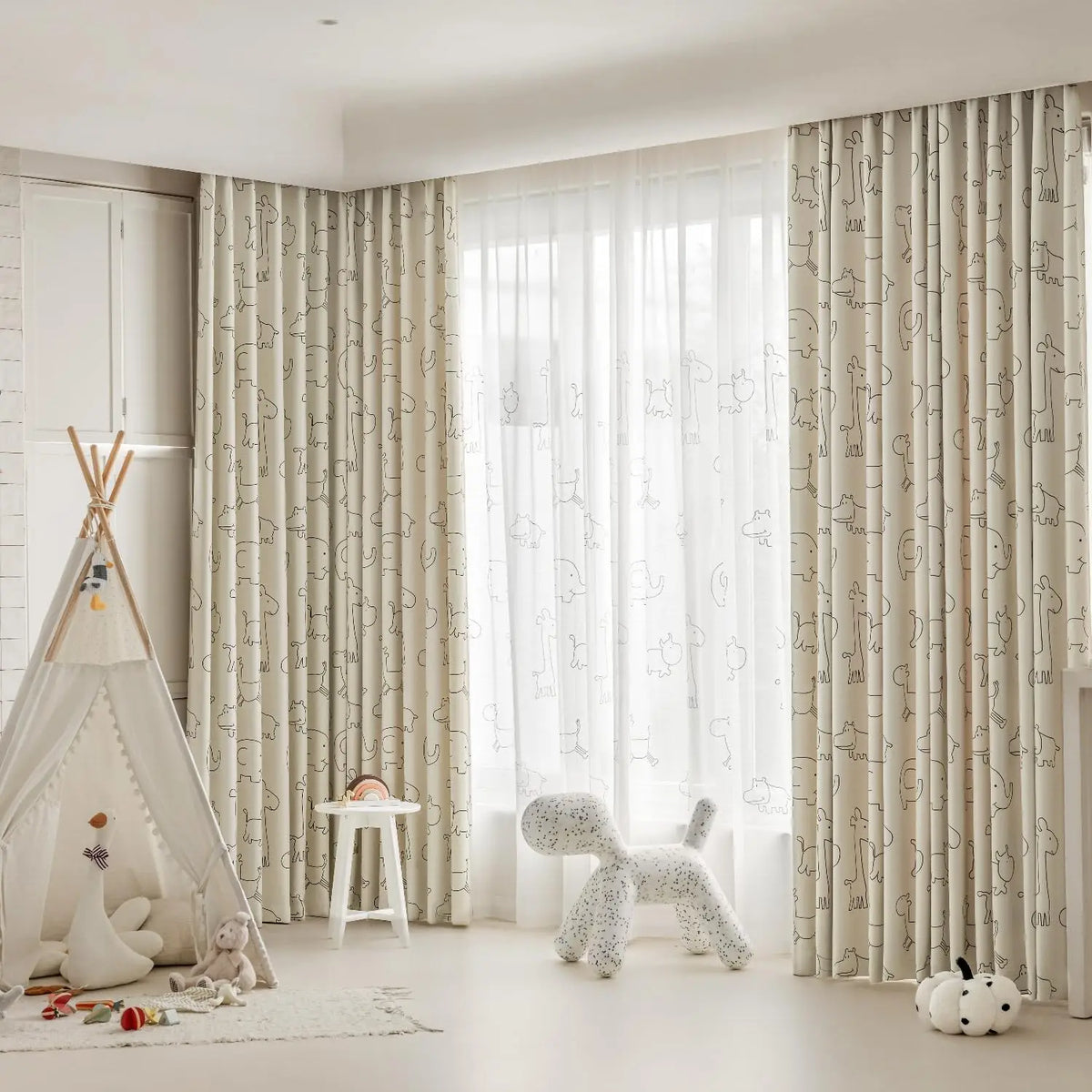 Cartoon Animals Pattern Semi-Blackout Curtains for Kids Bedroom, Beige Window Treatment Drapes for Boy Girl Window Nursery Room