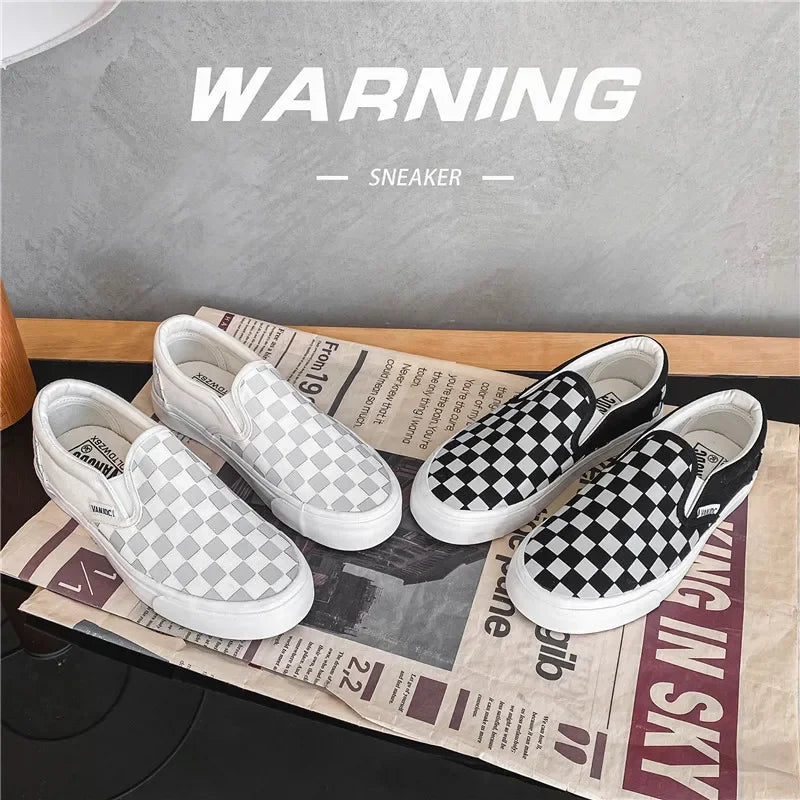 Black White Plaid Canva Women's Shoes Student Vintage Hong Kong Style Versatile Flat Shoes Korean Version Harajuku Casual